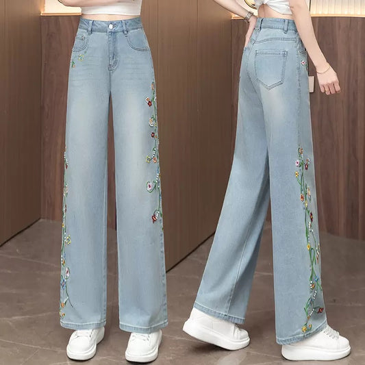 Floral blue jeans