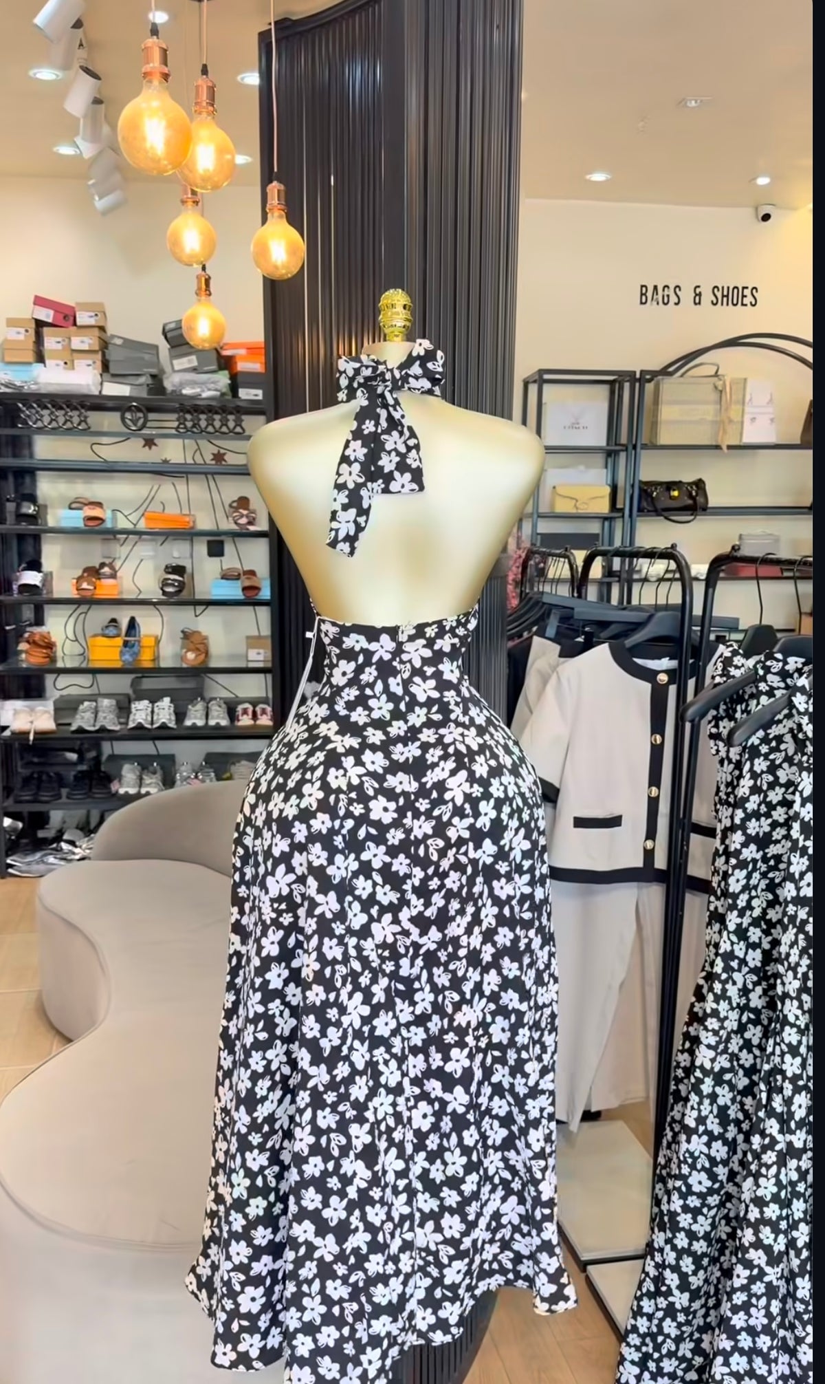 Halter neck floral dress(black and white)