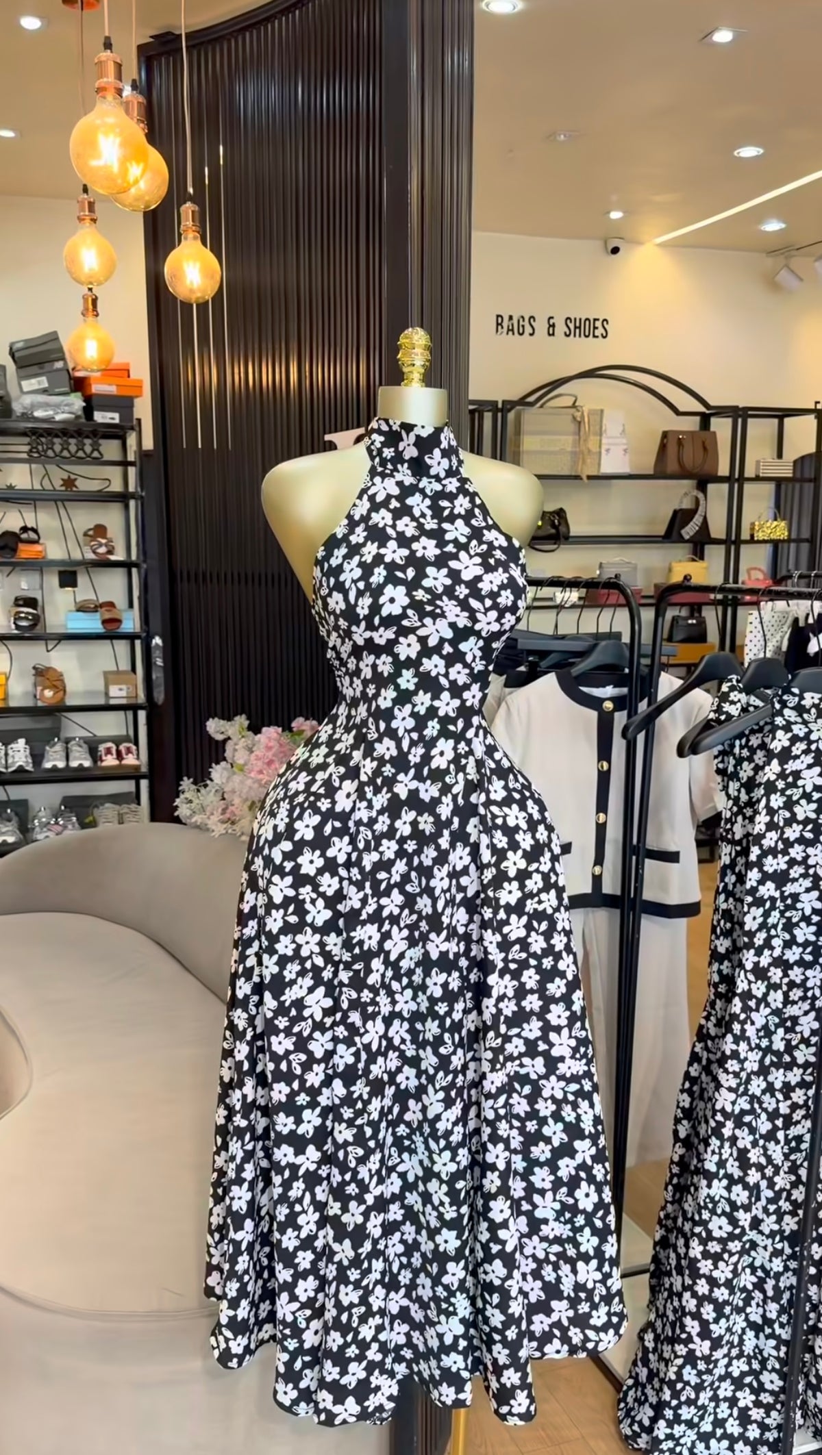Halter neck floral dress(black and white)